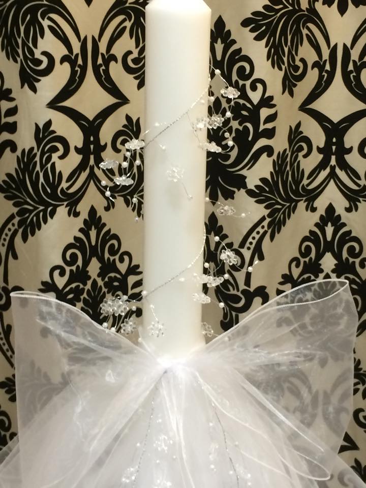 Round Long Candle with 5 Layer Tulle and Sash & Diamante Garland
